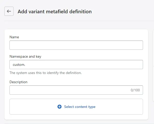 Configuring variant metafield definition