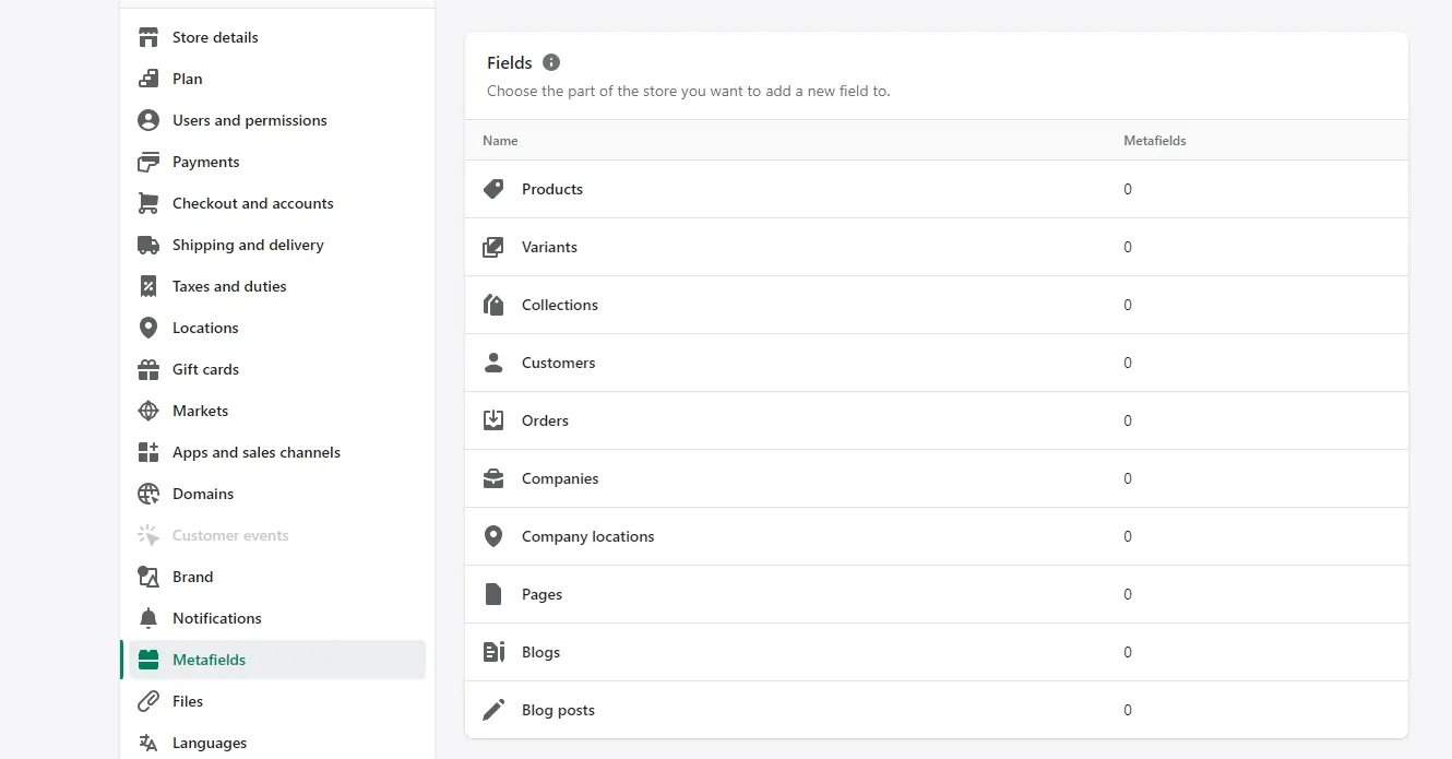 Shopify metafields creation interface