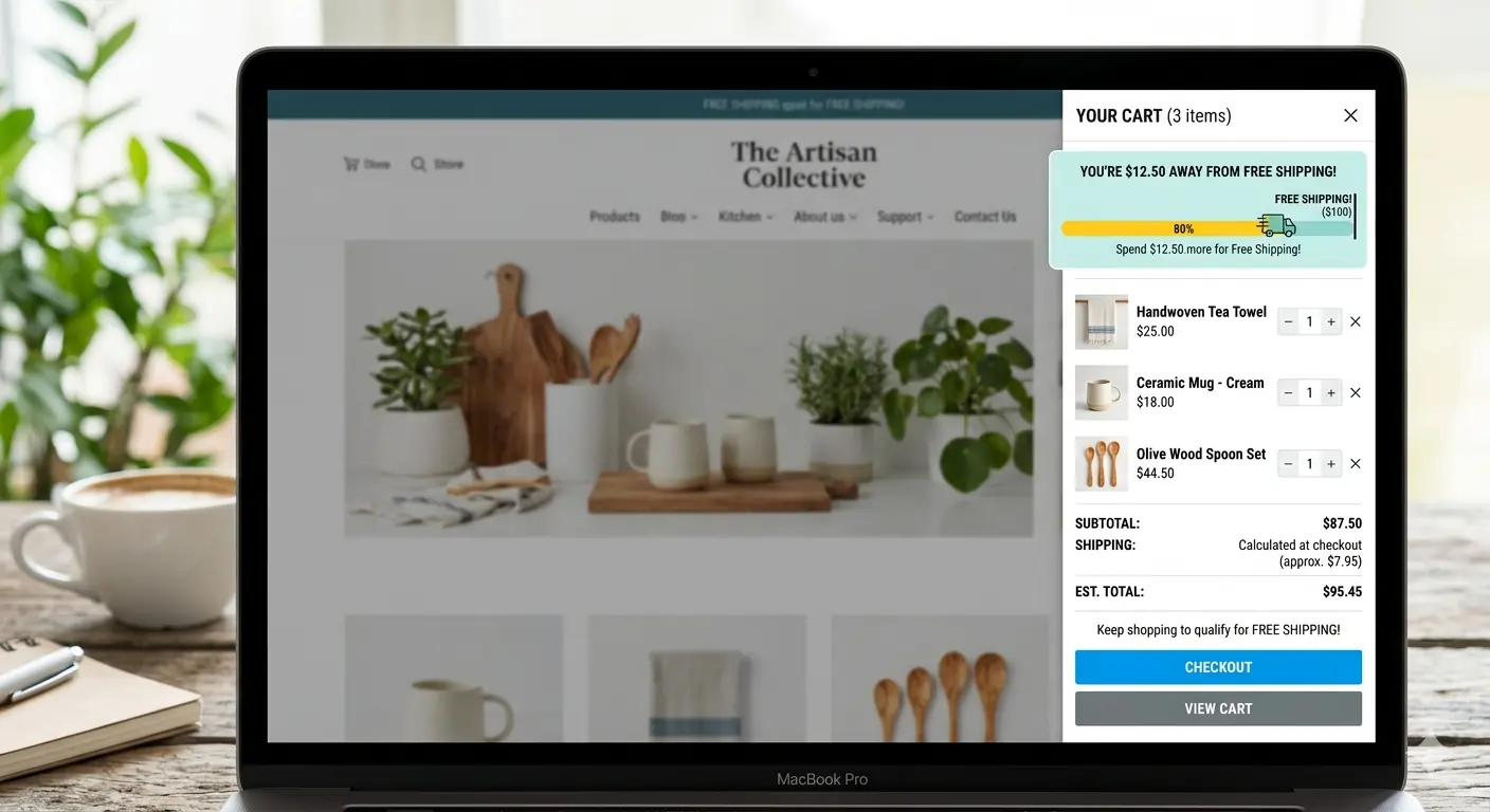 Shopify minicart with free shipping progress bar showing shipping threshold