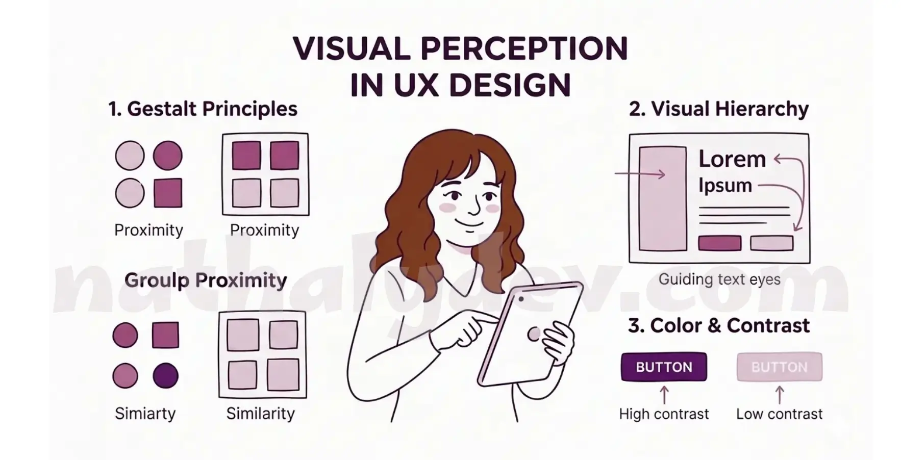 An infographic titled "Visual Perception in UX Design" on a clean white background. In the center, a minimalist hand-drawn illustration features a young woman with wavy brown hair interacting with a digital tablet. The infographic includes three professional diagrams: 1. Gestalt Principles, showing examples of Proximity and Similarity with geometric shapes; 2. Visual Hierarchy, demonstrating eye-tracking movement on a webpage layout; and 3. Color & Contrast, displaying high and low contrast buttons. The entire design uses a subtle, professional color palette of purple and pink gradients.
